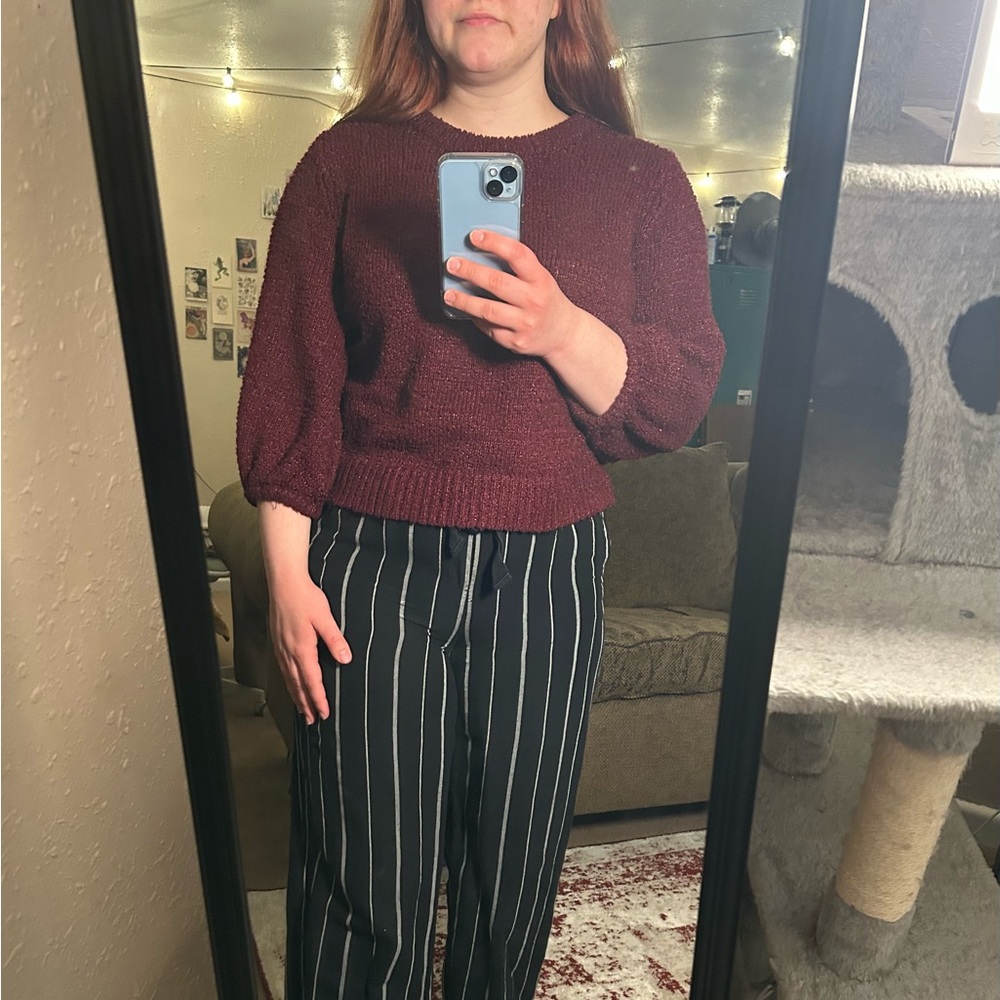 Red Knit Balloon Sleeve Sweater